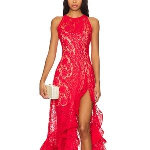 Bronx and Banco Vibrant Red Asymmetrical Lace Dress.